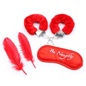 Bondage set, Be Naughty Handcuffs, Blindfold and 2 feathers in Red.